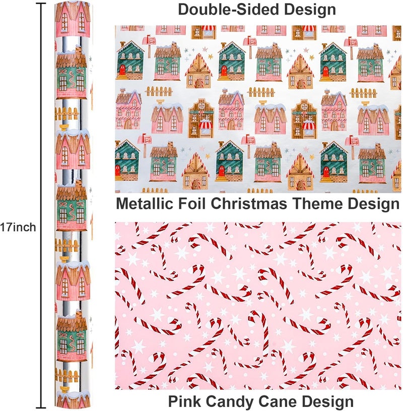 Yarcony Christmas Wrapping Paper Roll, Gingerbread House Wrapping Paper, Metallic Foil Adorable Village and Candy Cane Design Christmas Gift Wrap for Holiday, Winter Celebration (17 Inch X 33 Feet) - Image 3